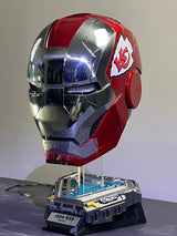 This iron man helmet is cusomized in Kansas City Chiefs color scheme. It's also voice controlled, jarvis activated helmet.