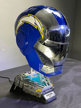 This iron man helmet is cusomized in Los Angeles Chargers color scheme. It's also voice controlled, jarvis activated helmet.
