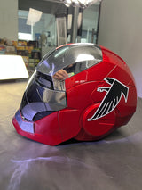 This iron man helmet is cusomized in Atlanta Falcons color scheme and decals. It's also voice controlled, jarvis activated helmet. 