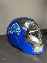 This iron man helmet is cusomized in Detroit Lions color scheme. It's also voice controlled, jarvis activated helmet. 