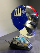 This iron man helmet is cusomized in New York Giants color scheme. It's also voice controlled, jarvis activated helmet. 
